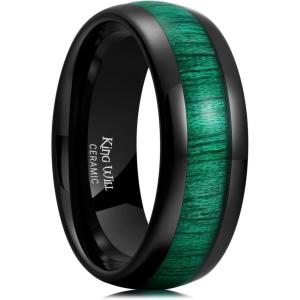 King Will Ceramic Wedding Band for Men Women-3-8 mm Width Black, Rose Gold Wedding Ring Domed Style with Brown/Green Koa Wood Inlay Comfort Fit Size 7-14(Green-8mm)