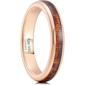 King Will Ceramic Wedding Band for Men Women-3-8 mm Width Black, Rose Gold Wedding Ring Domed Style with Brown/Green Koa Wood Inlay Comfort Fit Size 7-14(Rose Gold-4mm)