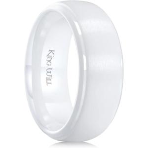 King Will Ceramic Wedding Band for Men Women-6-8mm Width Black & White with Multi Style Design Promise Rings Comfort Fit Size 7-14(white-8mm)