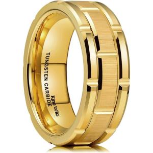 King Will Classic Mens 8mm Silver/Black/Gold/Rose Gold Tungsten Carbide Wedding Band Brick Pattern Groove Center Surface Brushed Finish Comfort Fit(A-Gold)