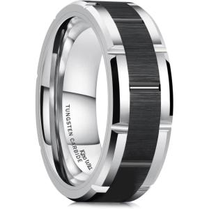 King Will Classic Mens 8mm Silver/Black/Gold/Rose Gold Tungsten Carbide Wedding Band Brick Pattern Groove Center Surface Brushed Finish Comfort Fit(A-Silver & Black)