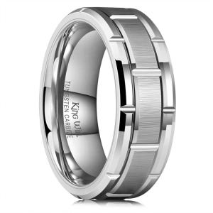King Will Classic Mens 8mm Silver/Black/Gold/Rose Gold Tungsten Carbide Wedding Band Brick Pattern Groove Center Surface Brushed Finish Comfort Fit(A-Silver)