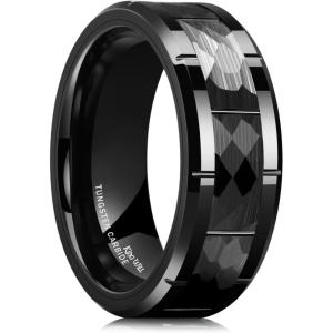 King Will Classic Mens 8mm Silver/Black/Gold/Rose Gold Tungsten Carbide Wedding Band Brick Pattern Groove Center Surface Brushed Finish Comfort Fit(B-Black-Hammer)