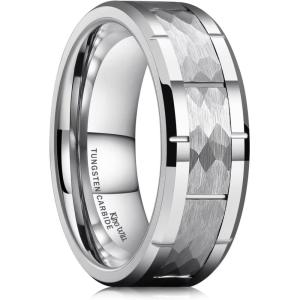 King Will Classic Mens 8mm Silver/Black/Gold/Rose Gold Tungsten Carbide Wedding Band Brick Pattern Groove Center Surface Brushed Finish Comfort Fit(B-Silver-Hammer)