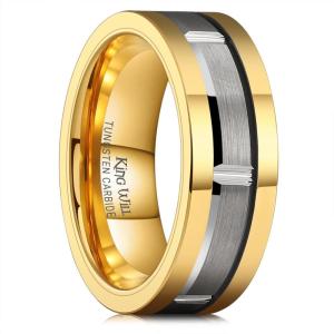 King Will Classic Mens 8mm Silver/Black/Gold/Rose Gold Tungsten Carbide Wedding Band Brick Pattern Groove Center Surface Brushed Finish Comfort Fit(C-Gold & Silver)