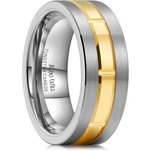 King Will Classic Mens 8mm Silver/Black/Gold/Rose Gold Tungsten Carbide Wedding Band Brick Pattern Groove Center Surface Brushed Finish Comfort Fit(C-Silver & Gold)