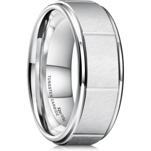 King Will Classic Mens 8mm Silver/Black/Gold/Rose Gold Tungsten Carbide Wedding Band Brick Pattern Groove Center Surface Brushed Finish Comfort Fit(F-Silver-Groove Center)