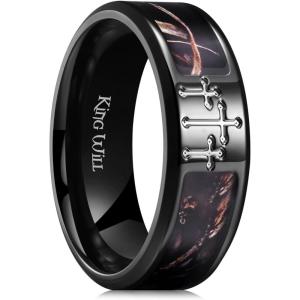 King Will Cross Titanium Wedding Band for Men Women-8mm Width Wedding Ring in Black/Sliver/Gold Plated with Brown Camouflage Inlay Comfort Fit Size 7-14(Black Cross)