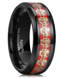 King Will DRAGON Mens Celtic Dragon Titanium Stainless Steel Ring Blue/Black/Green/Red Carbon Fibre Luminou Glow Celtic Dragon Titanium Stainless Steel Ring 7mm 8mm 9mm Zircon Polished Beveled Edge and Black Plated Wedding Band mens(Black-Skull-8mm)