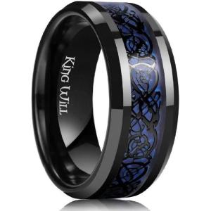 King Will DRAGON Mens Celtic Dragon Titanium Stainless Steel Ring Blue/Black/Green/Red Carbon Fibre Luminou Glow Celtic Dragon Titanium Stainless Steel Ring 7mm 8mm 9mm Zircon Polished Beveled Edge and Black Plated Wedding Band mens(deep blue-9mm)