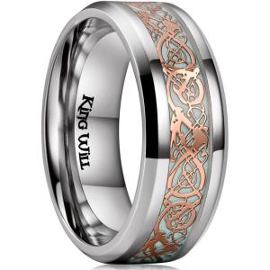 King Will DRAGON Mens Celtic Dragon Titanium Stainless Steel Ring Blue/Black/Green/Red Carbon Fibre Luminou Glow Celtic Dragon Titanium Stainless Steel Ring 7mm 8mm 9mm Zircon Polished Beveled Edge and Black Plated Wedding Band mens(Green Light-8mm)