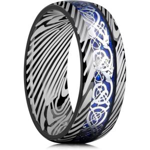 King Will DRAGON Mens Celtic Dragon Titanium Stainless Steel Ring Blue/Black/Green/Red Carbon Fibre Luminou Glow Celtic Dragon Titanium Stainless Steel Ring 7mm 8mm 9mm Zircon Polished Beveled Edge and Black Plated Wedding Band mens(blue-8mm)