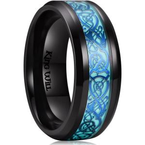 King Will DRAGON Mens Celtic Dragon Titanium Stainless Steel Ring Blue/Black/Green/Red Carbon Fibre Luminou Glow Celtic Dragon Titanium Stainless Steel Ring 7mm 8mm 9mm Zircon Polished Beveled Edge and Black Plated Wedding Band mens(Blue Light-8mm)