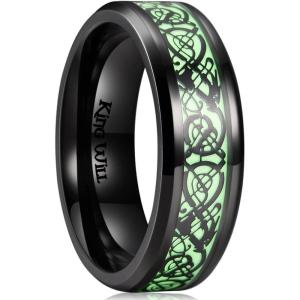 King Will DRAGON Mens Celtic Dragon Titanium Stainless Steel Ring Blue/Black/Green/Red Carbon Fibre Luminou Glow Celtic Dragon Titanium Stainless Steel Ring 7mm 8mm 9mm Zircon Polished Beveled Edge and Black Plated Wedding Band mens(Green Light-7mm)
