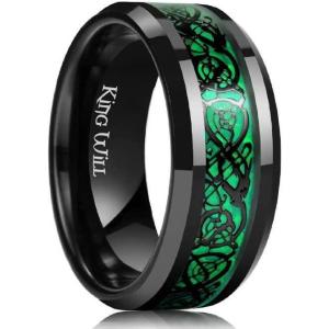 King Will DRAGON Mens Celtic Dragon Titanium Stainless Steel Ring Blue/Black/Green/Red Carbon Fibre Luminou Glow Celtic Dragon Titanium Stainless Steel Ring 7mm 8mm 9mm Zircon Polished Beveled Edge and Black Plated Wedding Band mens(green-9mm)