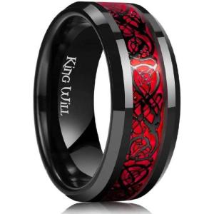 King Will DRAGON Mens Celtic Dragon Titanium Stainless Steel Ring Blue/Black/Green/Red Carbon Fibre Luminou Glow Celtic Dragon Titanium Stainless Steel Ring 7mm 8mm 9mm Zircon Polished Beveled Edge and Black Plated Wedding Band mens(red-9mm)