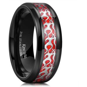 King Will DRAGON Mens Celtic Dragon Titanium Stainless Steel Ring Blue/Black/Green/Red Carbon Fibre Luminou Glow Celtic Dragon Titanium Stainless Steel Ring 7mm 8mm 9mm Zircon Polished Beveled Edge and Black Plated Wedding Band mens(Black-Fire-8mm)