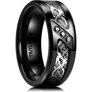 King Will DRAGON Mens Celtic Dragon Titanium Stainless Steel Ring Blue/Black/Green/Red Carbon Fibre Luminou Glow Celtic Dragon Titanium Stainless Steel Ring 7mm 8mm 9mm Zircon Polished Beveled Edge and Black Plated Wedding Band mens(black-8mm)