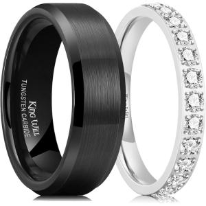 King Will Eternity Band Rings for Couple – 7mm Mens Wedding Ring & 3mm Cubic Zirconia Rings for Women