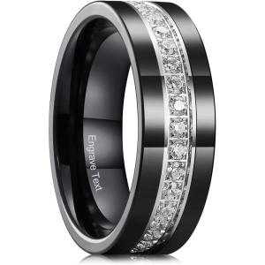 King Will GEM Custom Engraving Mens 8mm Tungsten Carbide Ring Cubic Zircon Stones Engagement Wedding Promise Band for Women Men Personalized(B-black silver)