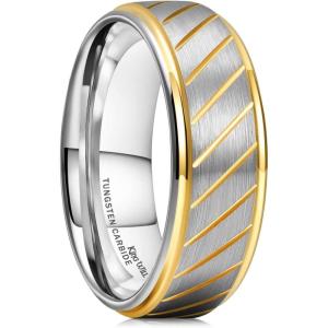King Will Hammer 8MM Men’s Tungsten Ring Black/Silver/Gold/Rose Gold Faceted Finish Tungsten Carbide Wedding Band Stripe Two Tone Rose Gold/Silver Plating Groove(D-gold groove)
