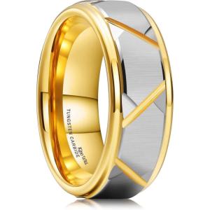 King Will Hammer 8MM Men’s Tungsten Ring Black/Silver/Gold/Rose Gold Faceted Finish Tungsten Carbide Wedding Band Stripe Two Tone Rose Gold/Silver Plating Groove(D-gold silver groove)