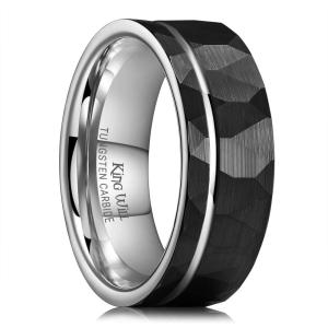 King Will Hammer 8MM Men’s Tungsten Ring Black/Silver/Gold/Rose Gold Faceted Finish Tungsten Carbide Wedding Band Stripe Two Tone Rose Gold/Silver Plating Groove(Silver)