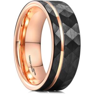 King Will Hammer 8MM Men’s Tungsten Ring Black/Silver/Gold/Rose Gold Faceted Finish Tungsten Carbide Wedding Band Stripe Two Tone Rose Gold/Silver Plating Groove(Rose Gold)