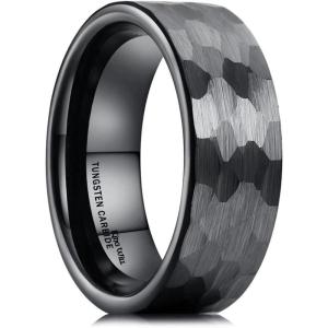 King Will Hammered 8mm Silver Tungsten Ring Hammer Multi-Faceted Men Wedding Band Polished Domed Brushed Step Edge Comfort Fit(A-black)