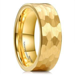 King Will Hammered 8mm Silver Tungsten Ring Hammer Multi-Faceted Men Wedding Band Polished Domed Brushed Step Edge Comfort Fit(A-gold)