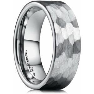 King Will Hammered 8mm Silver Tungsten Ring Hammer Multi-Faceted Men Wedding Band Polished Domed Brushed Step Edge Comfort Fit(A-silver)