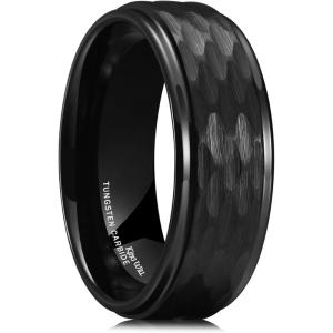 King Will Hammered 8mm Silver Tungsten Ring Hammer Multi-Faceted Men Wedding Band Polished Domed Brushed Step Edge Comfort Fit(Black Step Edge)