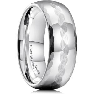King Will Hammered 8mm Silver Tungsten Ring Hammer Multi-Faceted Men Wedding Band Polished Domed Brushed Step Edge Comfort Fit(Domed-polish)