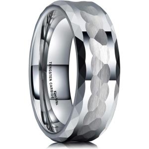 King Will Hammered 8mm Silver Tungsten Ring Hammer Multi-Faceted Men Wedding Band Polished Domed Brushed Step Edge Comfort Fit(Multi-Faceted)