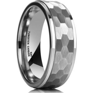 King Will Hammered 8mm Silver Tungsten Ring Hammer Multi-Faceted Men Wedding Band Polished Domed Brushed Step Edge Comfort Fit(Step Edge)