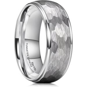 King Will Hammered 8mm Silver Tungsten Ring Hammer Multi-Faceted Men Wedding Band Polished Domed Brushed Step Edge Comfort Fit(domed)