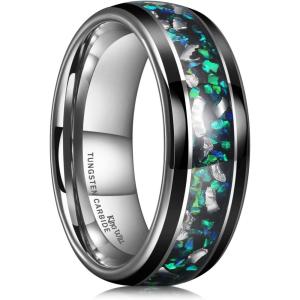 King Will Mens 4mm/6mm/8mm Black Tungsten Wedding Band Blue Green Purple Fragments Inlay Rings Engagement Band Comfort Fit(8mm Opal)