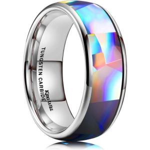 King Will Mens 4mm/6mm/8mm Black Tungsten Wedding Band Blue Green Purple Fragments Inlay Rings Engagement Band Comfort Fit(Silver-8mm)