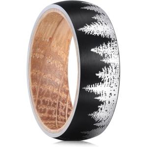 King Will Mens 6mm 8mm Black Silver Tungsten Carbide Wedding Bands Inlay Lasered Seagull/Forest Landscap/Panda/Deer/Hunting/Fly Fishing Brushed Wedding Rings for Men Women(Forest)