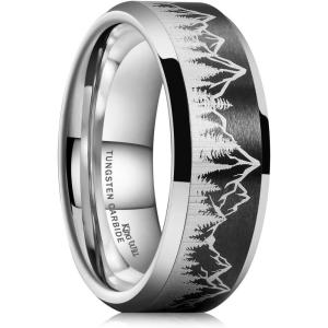 King Will Mens 6mm 8mm Black Silver Tungsten Carbide Wedding Bands Inlay Lasered Seagull/Forest Landscap/Panda/Deer/Hunting/Fly Fishing Brushed Wedding Rings for Men Women(Forest Landscap)
