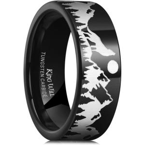 King Will Mens 6mm 8mm Black Silver Tungsten Carbide Wedding Bands Inlay Lasered Seagull/Forest Landscap/Panda/Deer/Hunting/Fly Fishing Brushed Wedding Rings for Men Women(Howling Wolves)