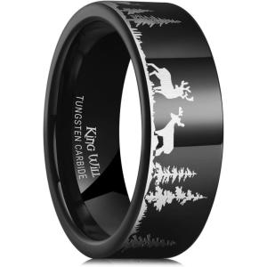 King Will Mens 6mm 8mm Black Silver Tungsten Carbide Wedding Bands Inlay Lasered Seagull/Forest Landscap/Panda/Deer/Hunting/Fly Fishing Brushed Wedding Rings for Men Women(Deer)