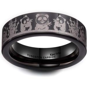 King Will Mens 6mm 8mm Black Silver Tungsten Carbide Wedding Bands Inlay Lasered Seagull/Forest Landscap/Panda/Deer/Hunting/Fly Fishing Brushed Wedding Rings for Men Women(Panda)