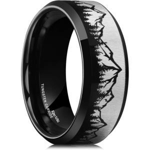 King Will Mens 6mm 8mm Black Silver Tungsten Carbide Wedding Bands Inlay Lasered Seagull/Forest Landscap/Panda/Deer/Hunting/Fly Fishing Brushed Wedding Rings for Men Women(tree mountain)