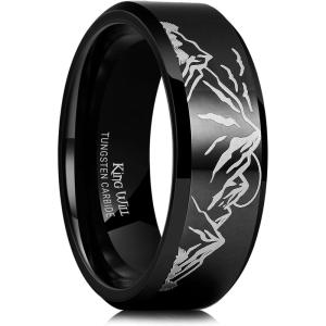 King Will Mens 6mm 8mm Black Silver Tungsten Carbide Wedding Bands Inlay Lasered Seagull/Forest Landscap/Panda/Deer/Hunting/Fly Fishing Brushed Wedding Rings for Men Women(Mountain Sun)