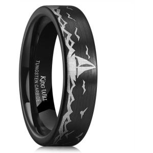 King Will Mens 6mm 8mm Black Silver Tungsten Carbide Wedding Bands Inlay Lasered Seagull/Forest Landscap/Panda/Deer/Hunting/Fly Fishing Brushed Wedding Rings for Men Women(Seagull)