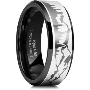 King Will Mens 6mm 8mm Black Silver Tungsten Carbide Wedding Bands Inlay Lasered Seagull/Forest Landscap/Panda/Deer/Hunting/Fly Fishing Brushed Wedding Rings for Men Women(Trucker)