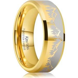 King Will Mens 6mm 8mm Black Silver Tungsten Carbide Wedding Bands Inlay Lasered Seagull/Forest Landscap/Panda/Deer/Hunting/Fly Fishing Brushed Wedding Rings for Men Women(Gold)
