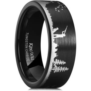 King Will Mens 6mm 8mm Black Silver Tungsten Carbide Wedding Bands Inlay Lasered Seagull/Forest Landscap/Panda/Deer/Hunting/Fly Fishing Brushed Wedding Rings for Men Women(Hunting)