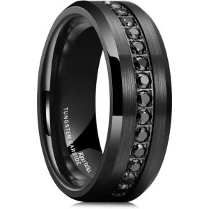 King Will Mens 8mm Men Tungsten Carbied Rings Cubic Zirconia Wedding Bands Eternity Ring CZ Inlay(Black)